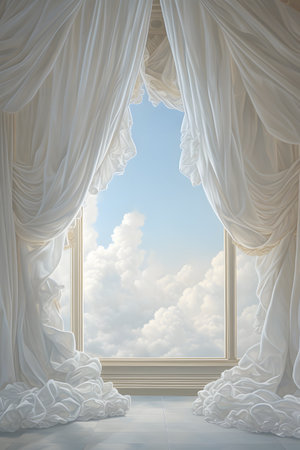 Window with curtains and blue sky, 3D rendering. Computer digital drawing.の素材