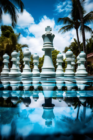 Chess pieces in a swimming pool with coconut trees and blue skyの素材