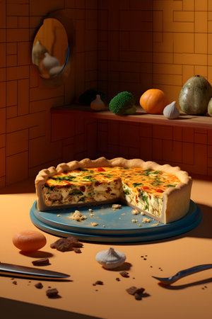 Homemade quiche pie with vegetables and cheese. 3d renderingの素材