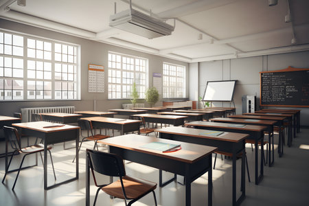 Classroom interior with rows of tables and chairs. 3D Renderingの素材