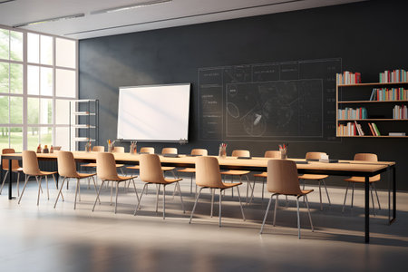 Interior of modern conference room with black walls, concrete floor, long wooden table with brown chairs and horizontal mock up poster. 3d renderingの素材