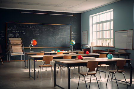 School classroom interior with blackboard and desks. 3D Renderingの素材
