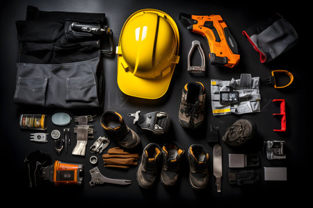 Set of construction tools on black background. Top view. Flat lay.の素材