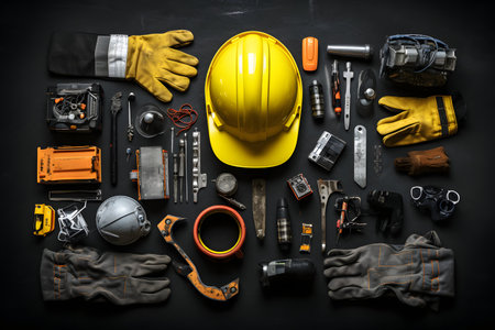 Set of construction tools on black background, top view, copy spaceの素材