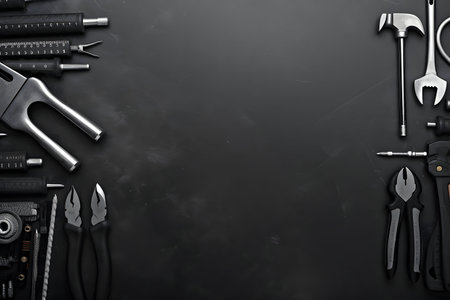 Set of tools on black background. Top view with copy space.の素材