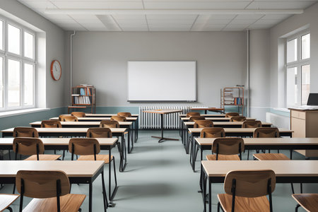 Classroom interior with empty white poster on wall and rows of wooden desks. Mock up, 3D Renderingの素材