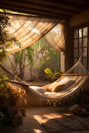 Hammock in a tropical garden at sunset. Comfortable place for relaxation.の素材