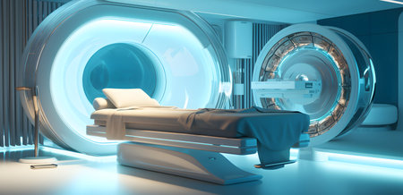 3D rendering of a CT scanner in a room with a bedの素材