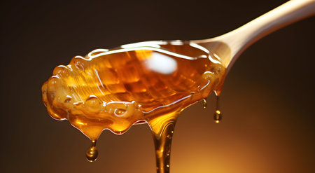 Honey dripping from a wooden honey dipper on a dark backgroundの素材