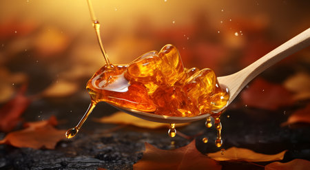 Honey dripping from a wooden spoon on a background of autumn leavesの素材