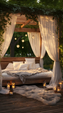 Wooden bed with white sheets and pillows in the garden at nightの素材