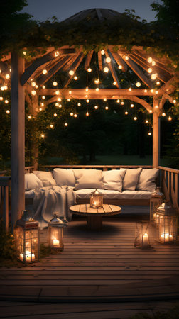 Wooden gazebo with candles in the garden at nightの素材
