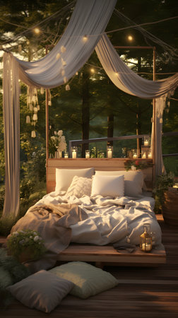 3d rendering of a cozy bedroom with a beautiful view on the gardenの素材