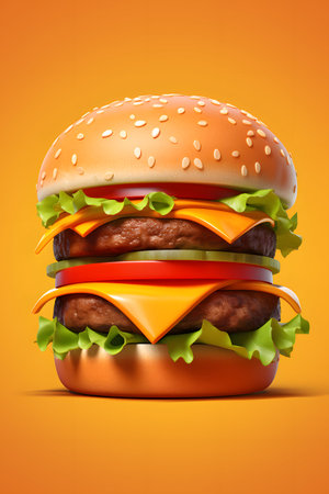 Big hamburger on orange background. 3d illustration. Render.の素材