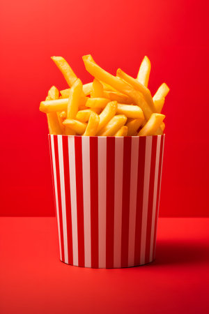 Golden French fries in a red box on a red background. Fast food.の素材