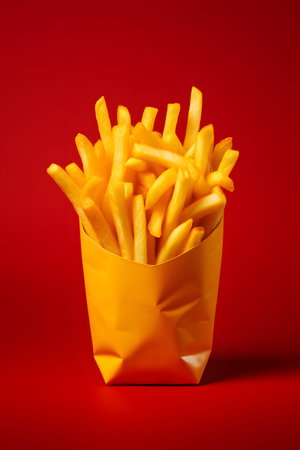 Golden French fries in a yellow paper box on a red background.の素材