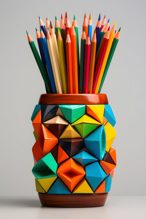 Colorful pencils in a vase on a gray background.の素材