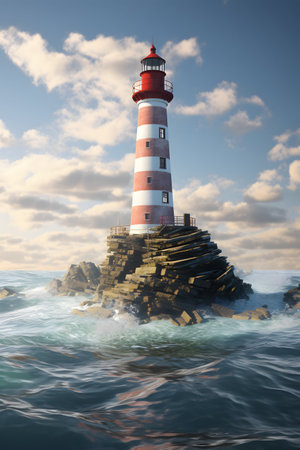 Lighthouse on the sea at sunset. 3d render illustration.の素材