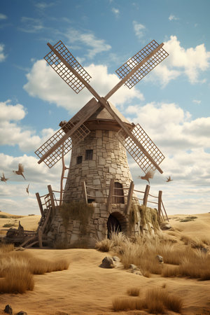 Old windmill in the desert. Vintage style toned picture.の素材