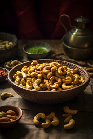 Cashew nuts in wooden bowl on rustic background, selective focusの素材