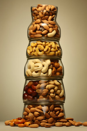 Mixed nuts in a glass jar on a beige background.の素材