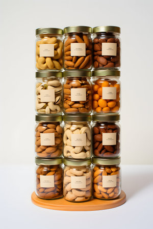 Mixed nuts in a glass jar on a white background, verticalの素材