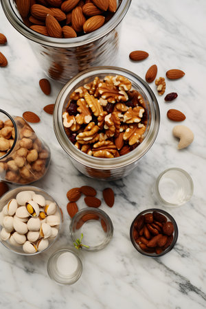 Almond, hazelnut and cashew nuts in glass jarsの素材