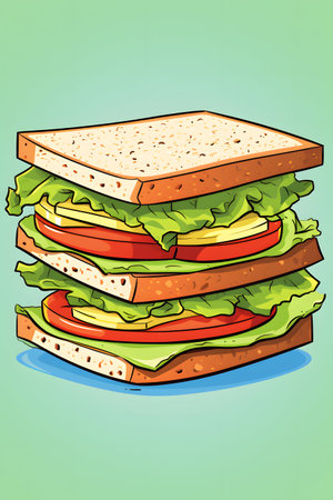 Illustration of a sandwich with lettuce, tomato, cheese and cucumberの素材