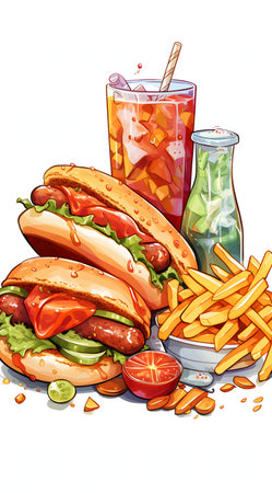 Illustration of a hot dog with french fries and a glass of juiceの素材