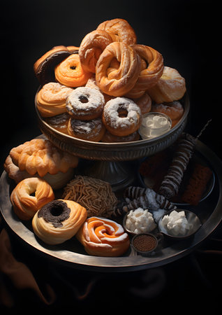 assortment of pastries on a black background, sweet food conceptの素材