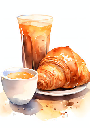 Coffee and croissant on a white background. Vector illustrationの素材