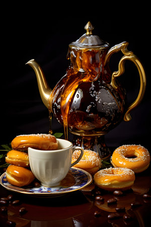 Cup of coffee, teapot and donuts on black backgroundの素材