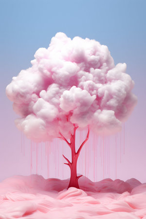 3D illustration of a pink tree with white clouds on a blue backgroundの素材