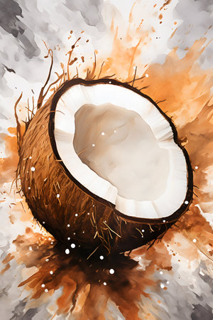 Coconut with watercolor splashes. Hand drawn illustration.の素材