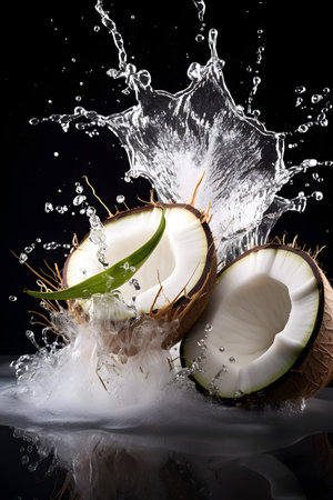 Coconut with water splash isolated on black background, clipping path includedの素材
