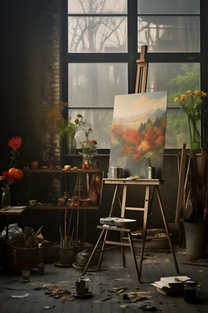 artistic still life with oil paints and flowers in front of windowの素材