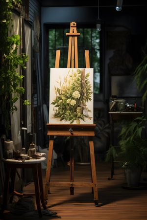 Wooden easel with a picture of green plants in the roomの素材