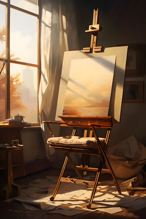 Painting easel in the interior of the room with a windowの素材