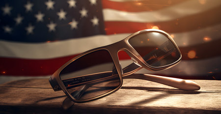 Sunglasses on a wooden table against the background of the American flagの素材