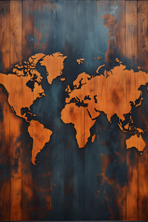World map on wooden background, concept of global business and communication.の素材