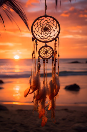 Dream catcher with feathers threads and beads rope hanging. Dreamcatcher handmadeの素材