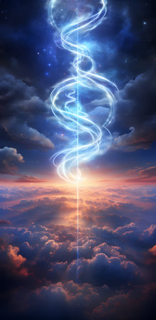 DNA helix in blue sky with clouds. 3D illustration.の素材