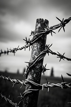 Barbed wire fence against cloudy sky. Black and white photo.の素材