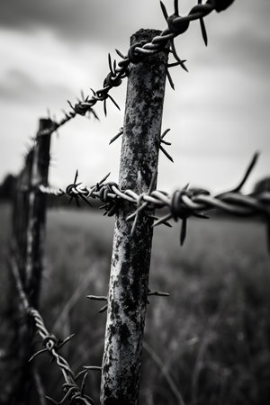 Black and white photo of a barbed wire fence in the countrysideの素材