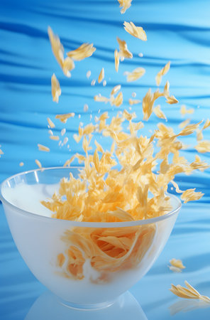 Milk splash in a glass bowl on blue background, close upの素材