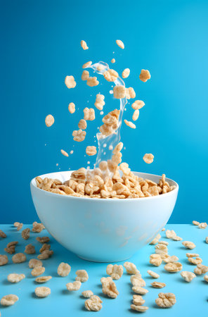 Cornflakes falling into a bowl with milk splash on blue backgroundの素材