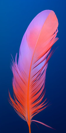 Colorful feather on dark blue background, close-up view.の素材