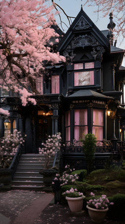 Cherry blossoms in front of a Victorian house in Washington DCの素材