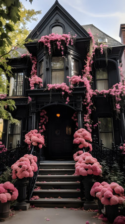 Facade of a residential building decorated with pink flowers.の素材