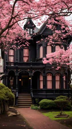 Cherry blossom in front of a black house in Boston, Massachusetts.の素材